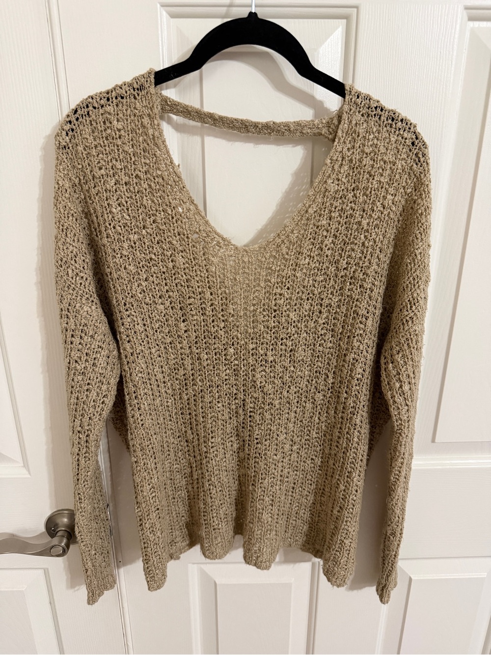 Dreamers L Beige Open Knit V-Neck Twist Knot Open Back Sweater